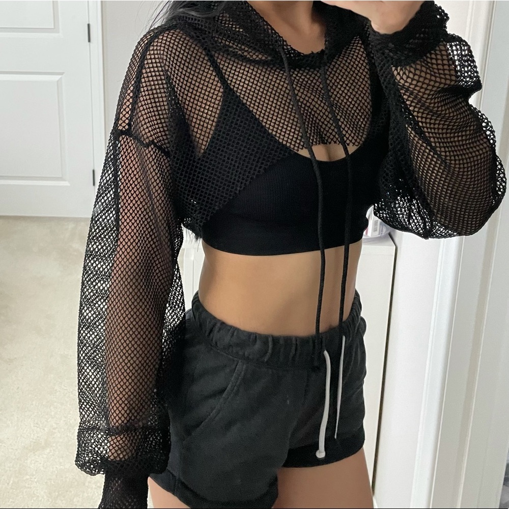 Cropped, mesh/holey hoodie rave top